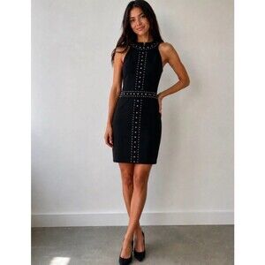 Cache Black Studded Sheath Dress Womens M Medium Halter Cocktail Party Stretch